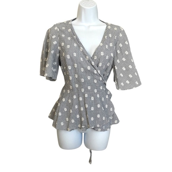 LOFT Blue White Striped Polka Dot Wrap Peplum Top Cotton Blend Short Bell Sleeve - Picture 6 of 7